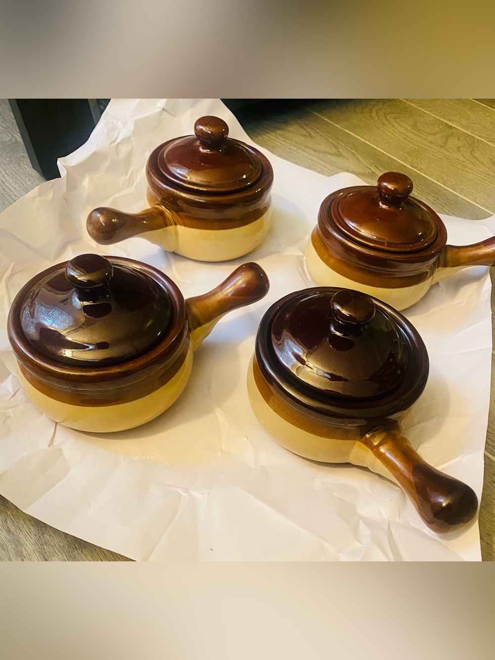 Brown and Cream Ceramic Soup Bowls with Lids and Handles